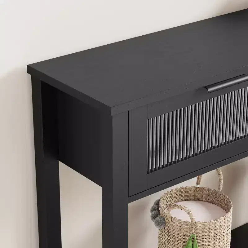 Console de 43 po en bois moderne avec 2 tiroirs en verre, table d'entrée étroite avec rangement spacieux pour le salon, le couloir, le foyer, la cuisine