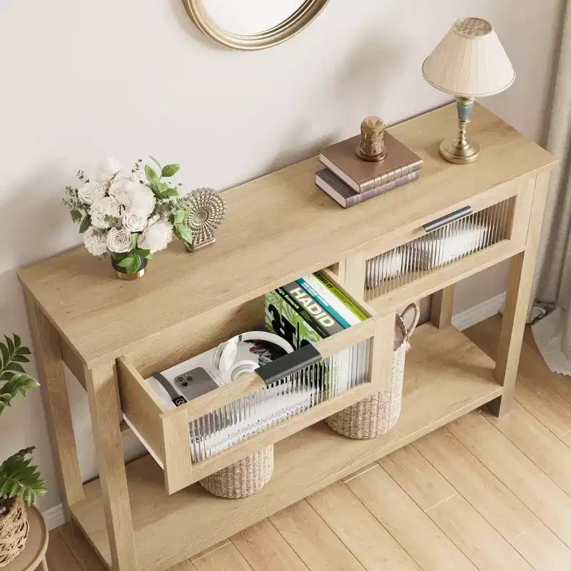 Console de 43 po en bois moderne avec 2 tiroirs en verre, table d'entrée étroite avec rangement spacieux pour le salon, le couloir, le foyer, la cuisine
