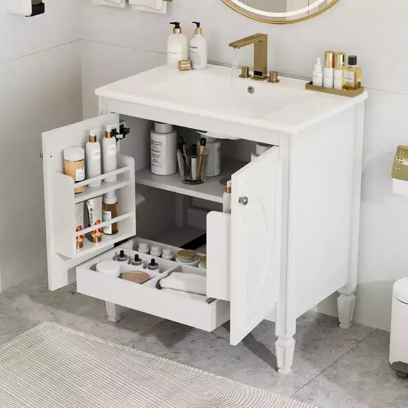 Meuble de salle de bain 76 cm avec lavabo, deux portes avec étagère, charnières de porte à fermeture douce