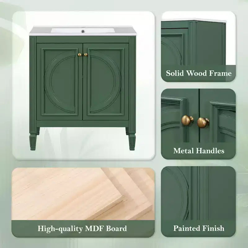 Meuble de salle de bain 76 cm avec lavabo, deux portes avec étagère, charnières de porte à fermeture douce