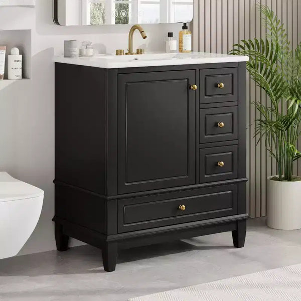 Meuble lavabo de salle de bain de 30 pouces avec lavabo, une porte avec étagère et trois tiroirs, porte à fermeture douce