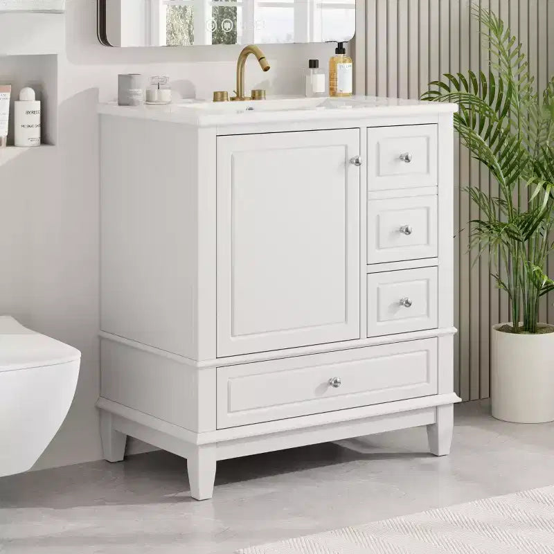 Meuble lavabo de salle de bain de 30 pouces avec lavabo, une porte avec étagère et trois tiroirs, porte à fermeture douce