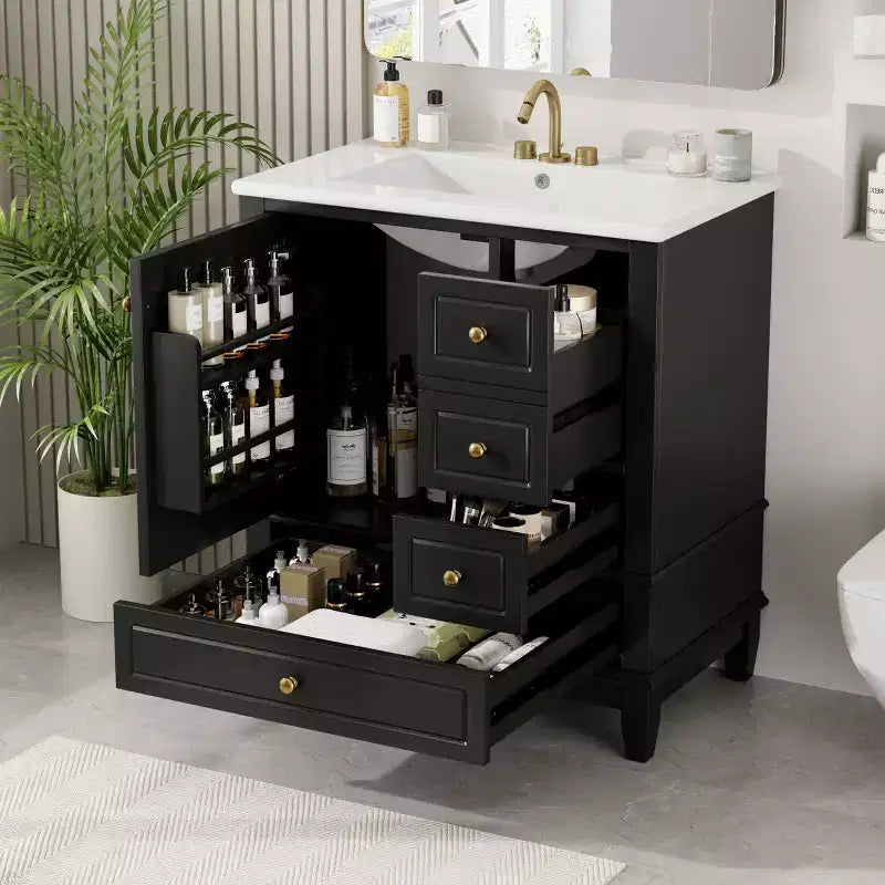 Meuble lavabo de salle de bain de 30 pouces avec lavabo, une porte avec étagère et trois tiroirs, porte à fermeture douce