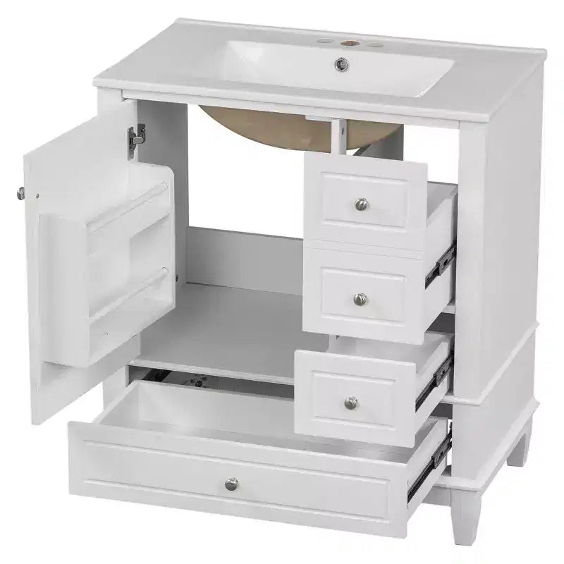 Okak 30 Inch Storage Cabinet Bathroom Vanity with Sink, One Door with Shelf and Three Drawers, Soft Close Door