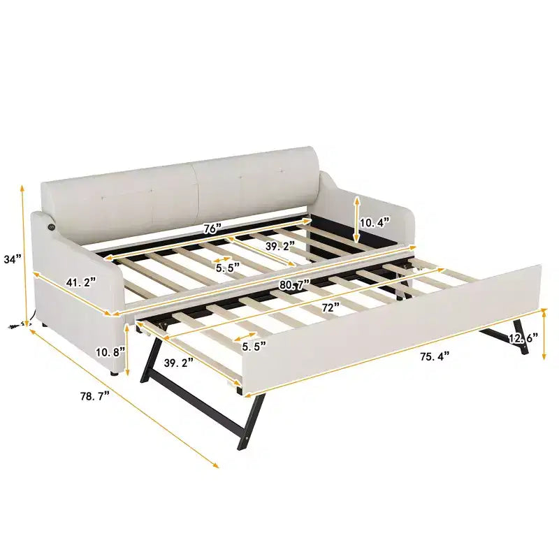 Lit de repos capitonné jumeau avec lit gigogne et chargement USB, cadre de lit de repos rembourré pour salon, le lit gigogne peut être plat ou érigé, beige