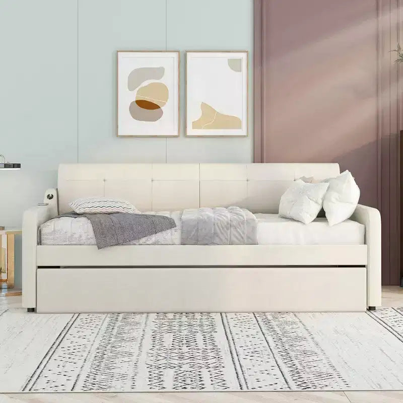 Lit de repos capitonné jumeau avec lit gigogne et chargement USB, cadre de lit de repos rembourré pour salon, le lit gigogne peut être plat ou érigé, beige