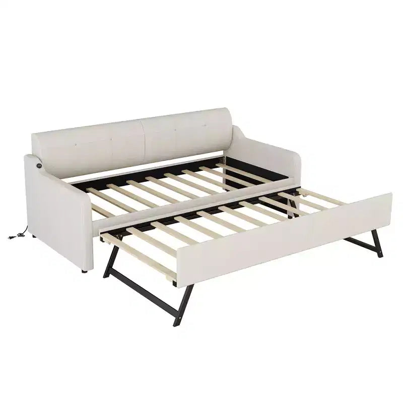 Lit de repos capitonné jumeau avec lit gigogne et chargement USB, cadre de lit de repos rembourré pour salon, le lit gigogne peut être plat ou érigé, beige
