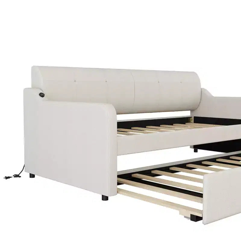 Lit de repos capitonné jumeau avec lit gigogne et chargement USB, cadre de lit de repos rembourré pour salon, le lit gigogne peut être plat ou érigé, beige
