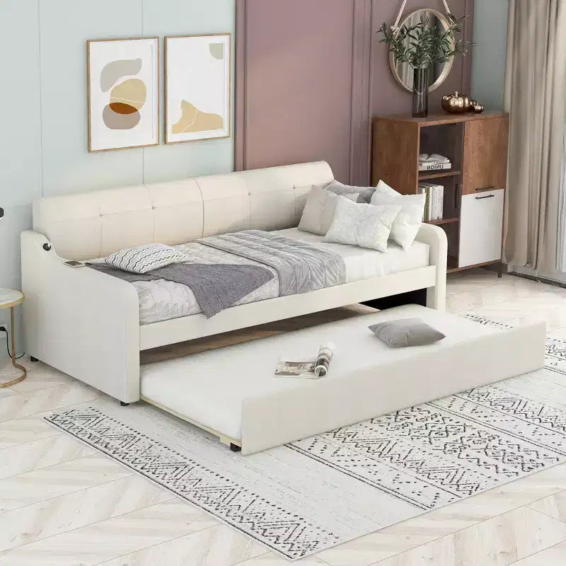 Lit de repos capitonné jumeau avec lit gigogne et chargement USB, cadre de lit de repos rembourré pour salon, le lit gigogne peut être plat ou érigé, beige