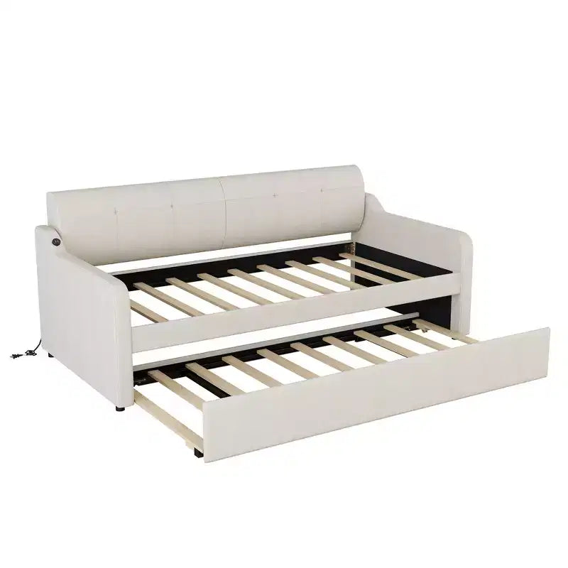 Lit de repos capitonné jumeau avec lit gigogne et chargement USB, cadre de lit de repos rembourré pour salon, le lit gigogne peut être plat ou érigé, beige