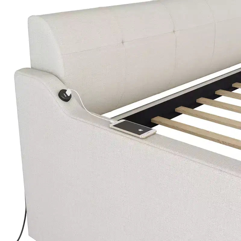 Lit de repos capitonné jumeau avec lit gigogne et chargement USB, cadre de lit de repos rembourré pour salon, le lit gigogne peut être plat ou érigé, beige