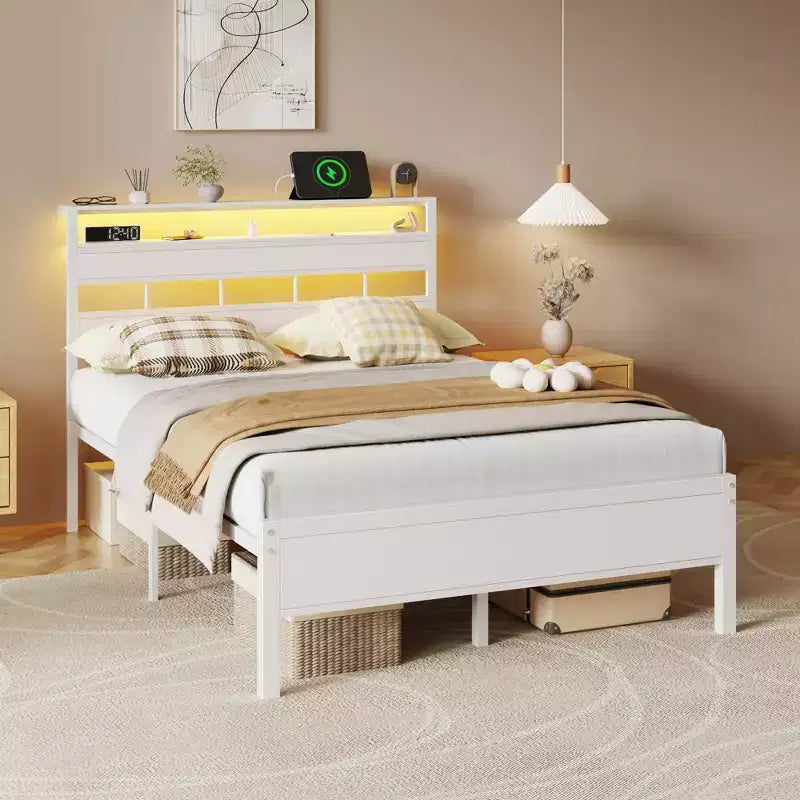 Cadre de lit double blanc avec lumières LED, station de charge, tête de lit de rangement, plateforme en métal, pas besoin de sommier tapissier, meubles de chambre à coucher pour jeunes, port USB