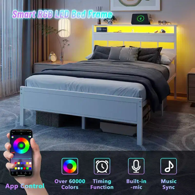 Cadre de lit double blanc avec lumières LED, station de charge, tête de lit de rangement, plateforme en métal, pas besoin de sommier tapissier, meubles de chambre à coucher pour jeunes, port USB