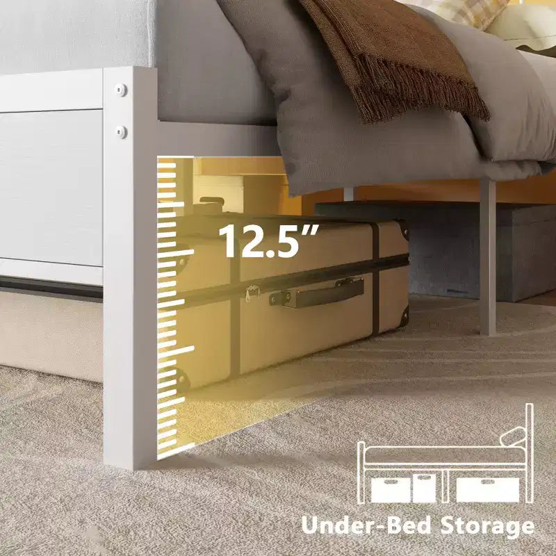 Cadre de lit double blanc avec lumières LED, station de charge, tête de lit de rangement, plateforme en métal, pas besoin de sommier tapissier, meubles de chambre à coucher pour jeunes, port USB