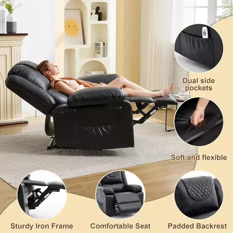 Fauteuil inclinable manuel avec fonctions Chauffage et Massage, inclinaison avant/arrière de 135°, poche latérale, options marron/gris/café/noir