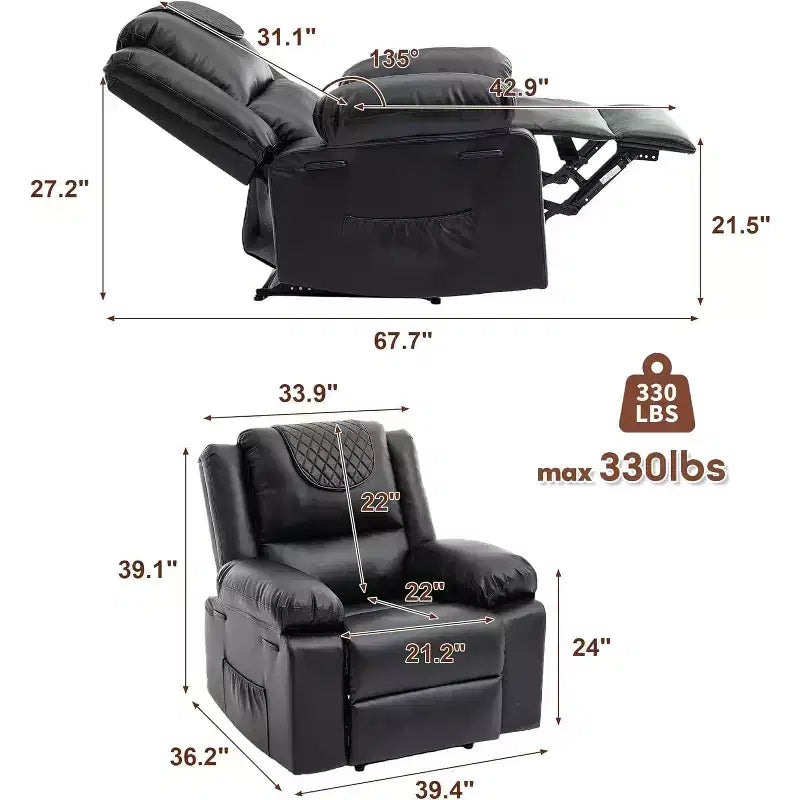 Fauteuil inclinable manuel avec fonctions Chauffage et Massage, inclinaison avant/arrière de 135°, poche latérale, options marron/gris/café/noir