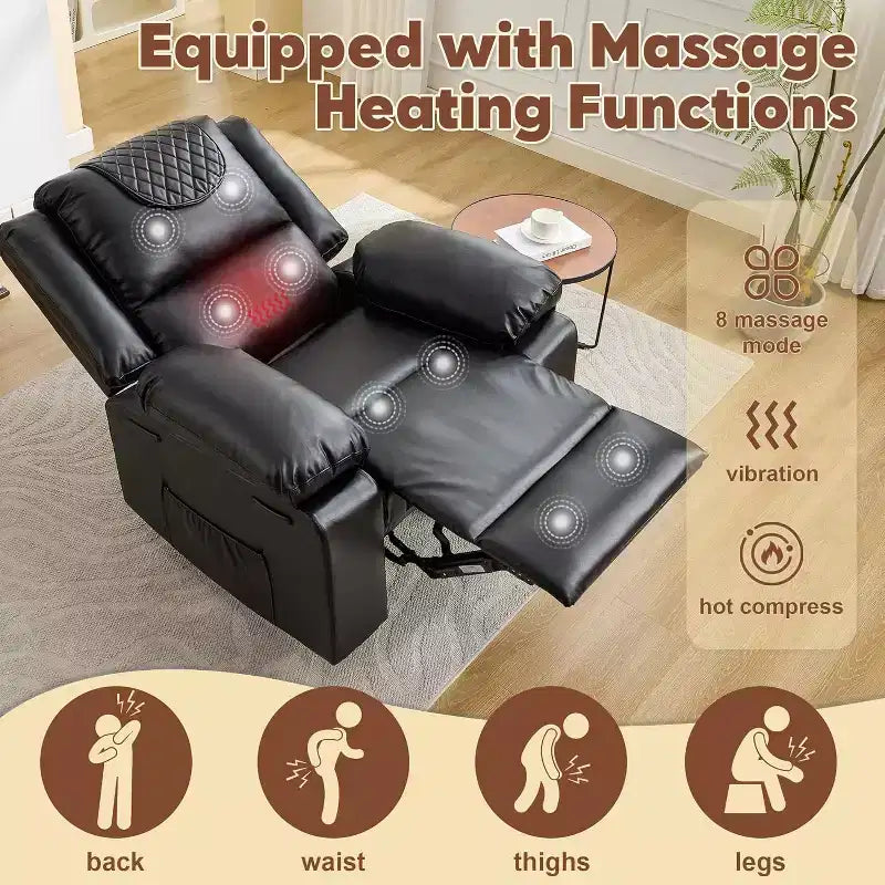 Fauteuil inclinable manuel avec fonctions Chauffage et Massage, inclinaison avant/arrière de 135°, poche latérale, options marron/gris/café/noir
