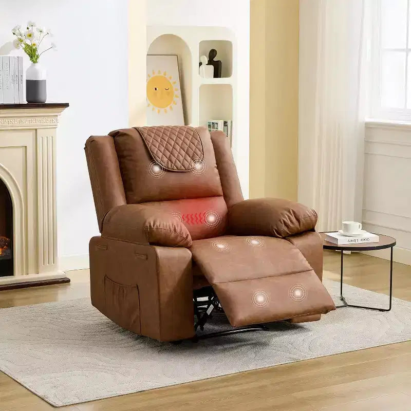 Fauteuil inclinable manuel avec fonctions Chauffage et Massage, inclinaison avant/arrière de 135°, poche latérale, options marron/gris/café/noir