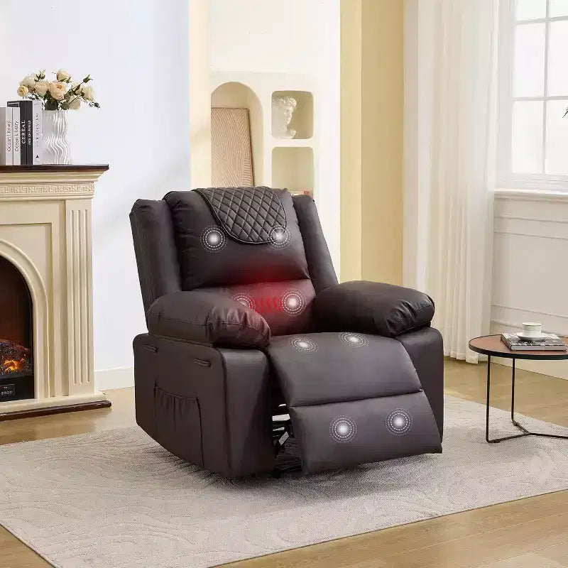 Fauteuil inclinable manuel avec fonctions Chauffage et Massage, inclinaison avant/arrière de 135°, poche latérale, options marron/gris/café/noir
