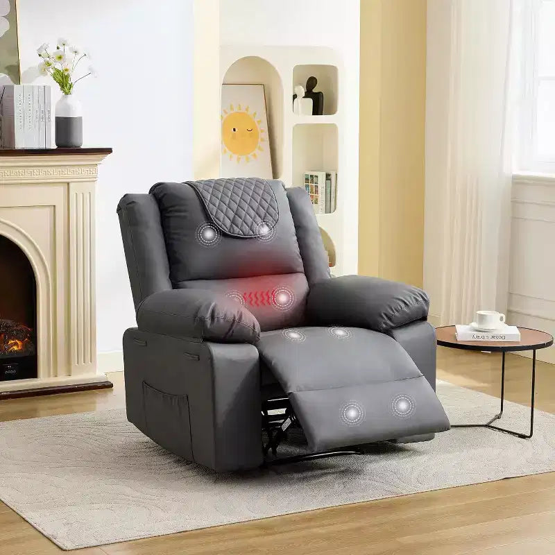 Fauteuil inclinable manuel avec fonctions Chauffage et Massage, inclinaison avant/arrière de 135°, poche latérale, options marron/gris/café/noir