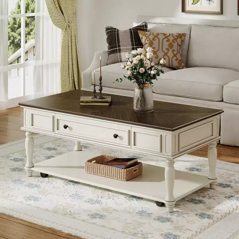 Table basse de ferme avec tiroir, table basse rectangulaire vintage avec roulettes verrouillables pour salon