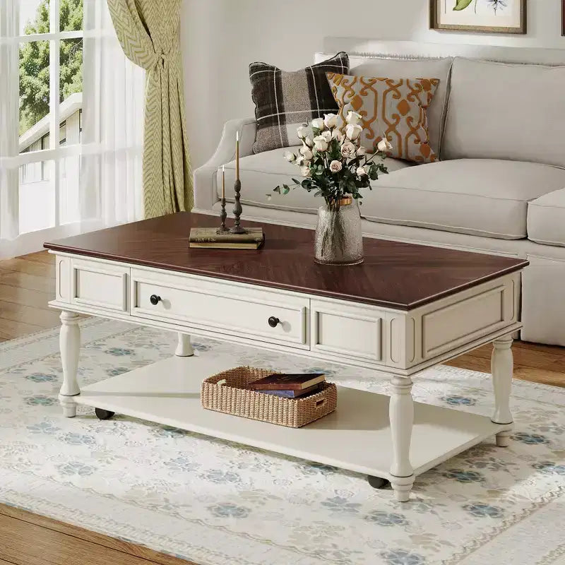 Table basse de ferme avec tiroir, table basse rectangulaire vintage avec roulettes verrouillables pour salon