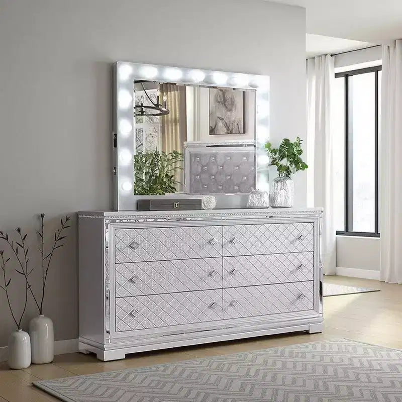Royal Hampton Dresser Mirror w Light Bulbs, USB and Power, Glam Silver 44 Inch