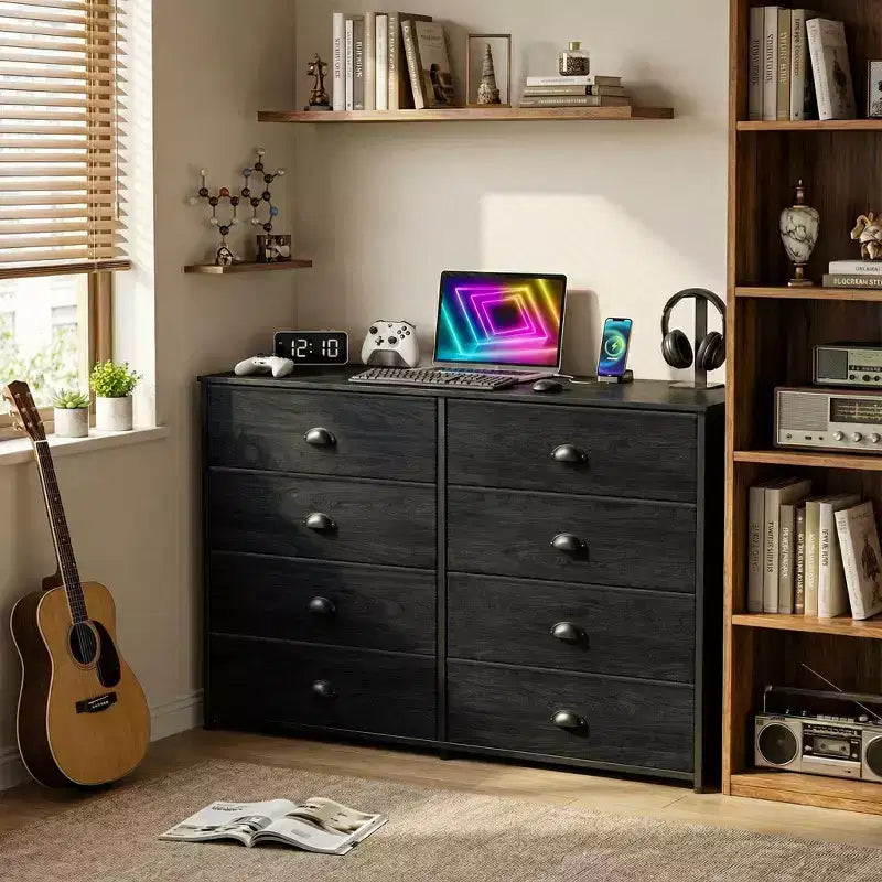 Wide 8 Drawer Dresser Fabric Storage Chest Organizer for 55 inch TV Stand Entertainment Center with Wood Top for Bedroom Living Room Entryway