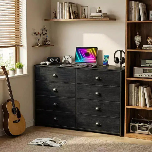 Wide 8 Drawer Dresser Fabric Storage Chest Organizer for 55 inch TV Stand Entertainment Center with Wood Top for Bedroom Living Room Entryway