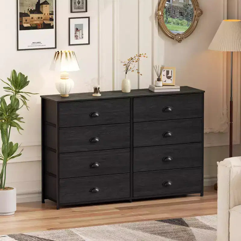 Commode de rangement en tissu large à 8 tiroirs pour téléviseur de 55 pouces, meuble de rangement pour chambre à coucher, salon, entrée avec dessus en bois