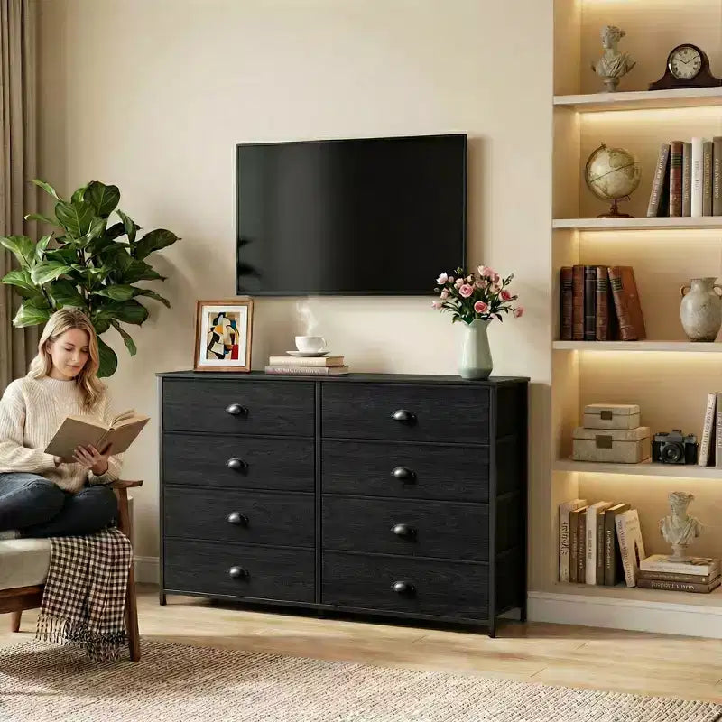 Commode de rangement en tissu large à 8 tiroirs pour téléviseur de 55 pouces, meuble de rangement pour chambre à coucher, salon, entrée avec dessus en bois