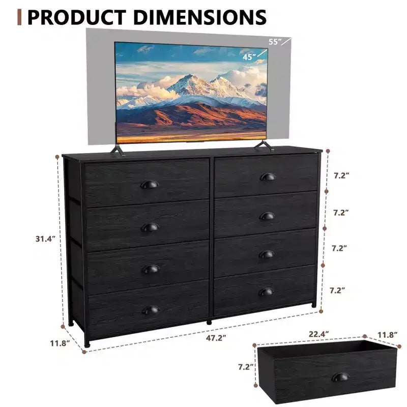 Commode de rangement en tissu large à 8 tiroirs pour téléviseur de 55 pouces, meuble de rangement pour chambre à coucher, salon, entrée avec dessus en bois