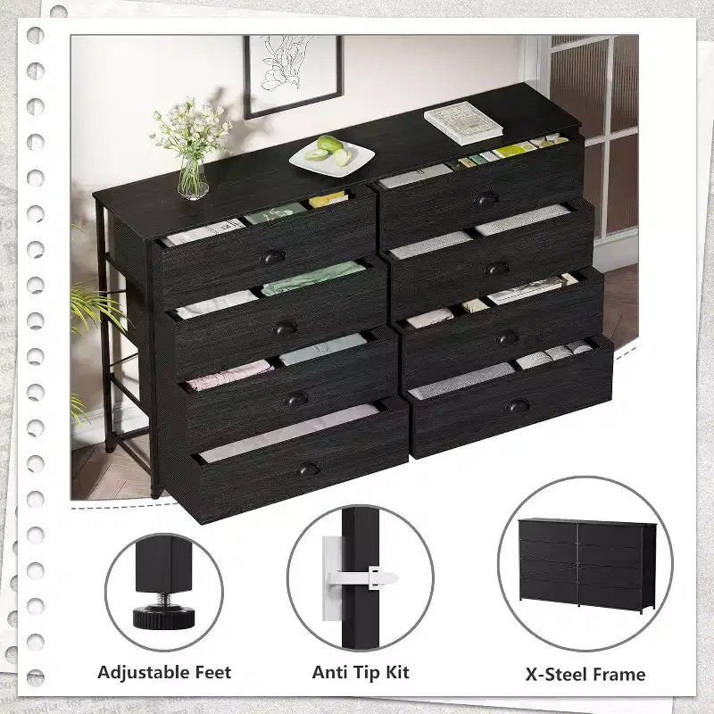 Commode de rangement en tissu large à 8 tiroirs pour téléviseur de 55 pouces, meuble de rangement pour chambre à coucher, salon, entrée avec dessus en bois