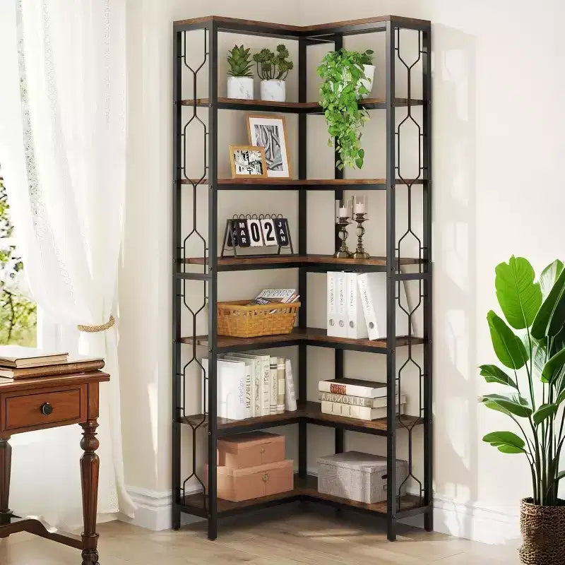 Lantine 7-Tier Corner Shelf, 78.7 Tall Bookshelf with Storage, Corner Bookcase, Display Shelf for Living Room, Bed Room, Home Office (Brown)