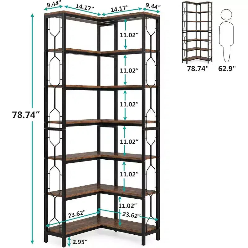 Étagère d'angle à 7 niveaux, Bibliothèque haute de 199,9 cm avec rangement, Bibliothèque d'angle, Étagère de présentation pour salon, chambre, bureau à domicile (Marron)