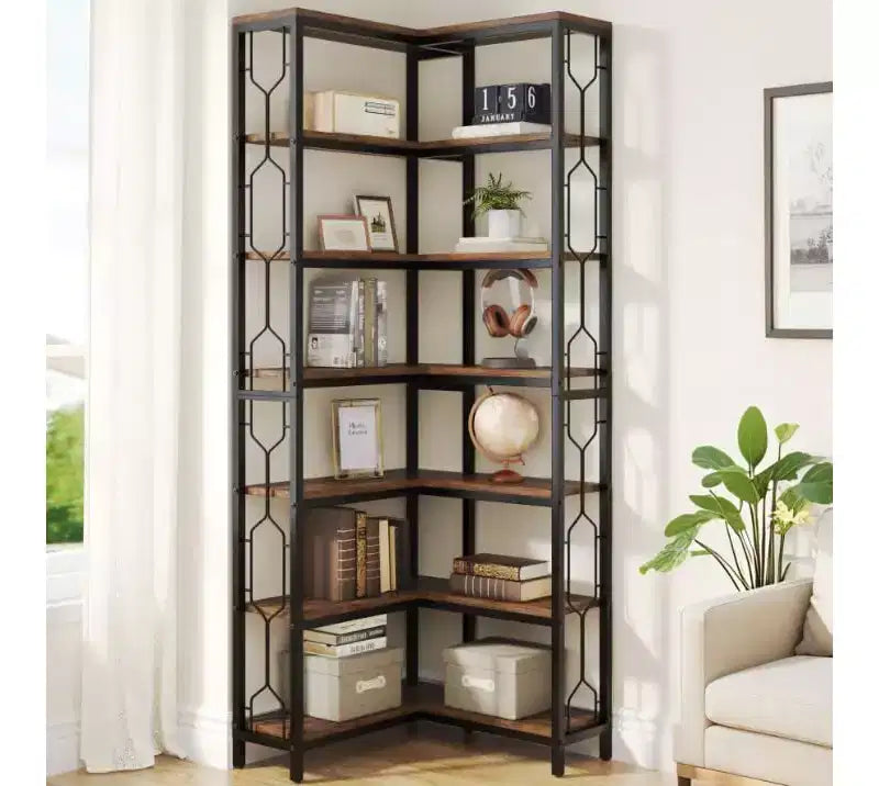 Étagère d'angle à 7 niveaux, Bibliothèque haute de 199,9 cm avec rangement, Bibliothèque d'angle, Étagère de présentation pour salon, chambre, bureau à domicile (Marron)