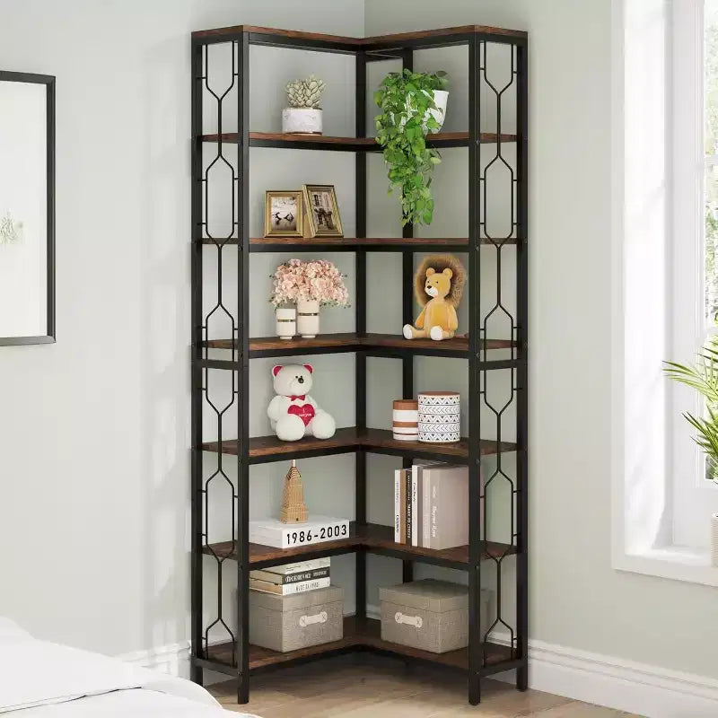 Étagère d'angle à 7 niveaux, Bibliothèque haute de 199,9 cm avec rangement, Bibliothèque d'angle, Étagère de présentation pour salon, chambre, bureau à domicile (Marron)