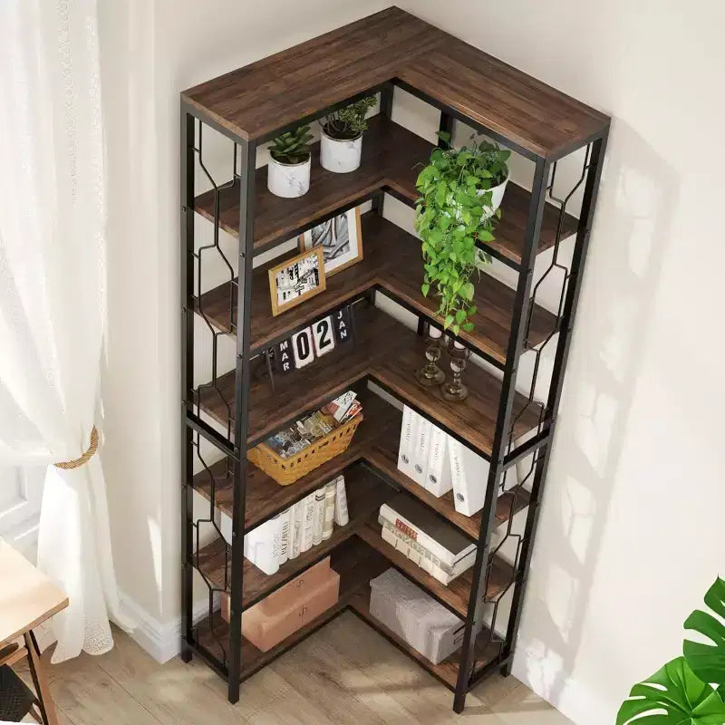 Étagère d'angle à 7 niveaux, Bibliothèque haute de 199,9 cm avec rangement, Bibliothèque d'angle, Étagère de présentation pour salon, chambre, bureau à domicile (Marron)