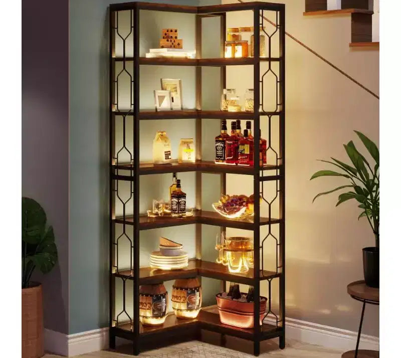 Étagère d'angle à 7 niveaux, Bibliothèque haute de 199,9 cm avec rangement, Bibliothèque d'angle, Étagère de présentation pour salon, chambre, bureau à domicile (Marron)