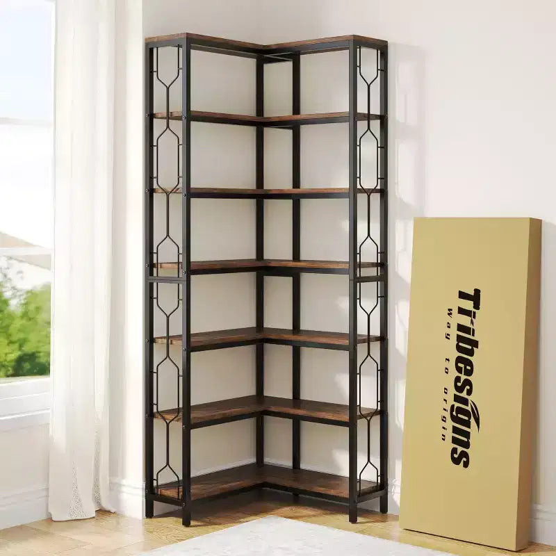 Étagère d'angle à 7 niveaux, Bibliothèque haute de 199,9 cm avec rangement, Bibliothèque d'angle, Étagère de présentation pour salon, chambre, bureau à domicile (Marron)