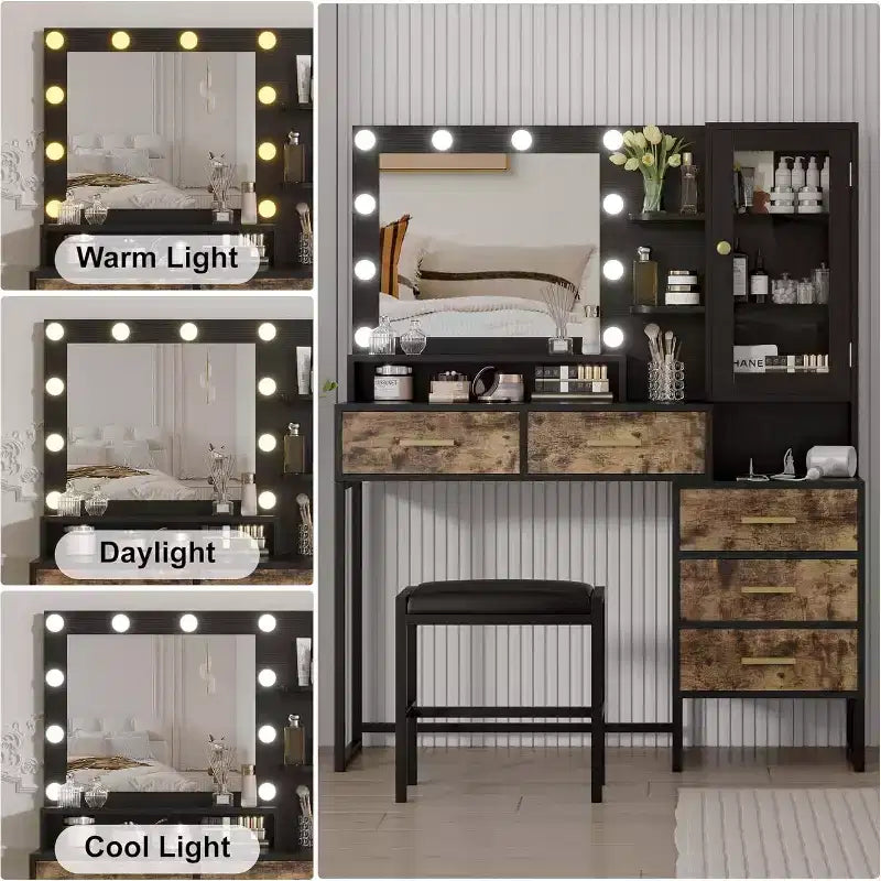 Grande coiffeuse et tabouret, coiffeuse avec miroir et lumières, table de maquillage avec station de charge, coiffeuse avec tiroirs et ampoules LED, noir