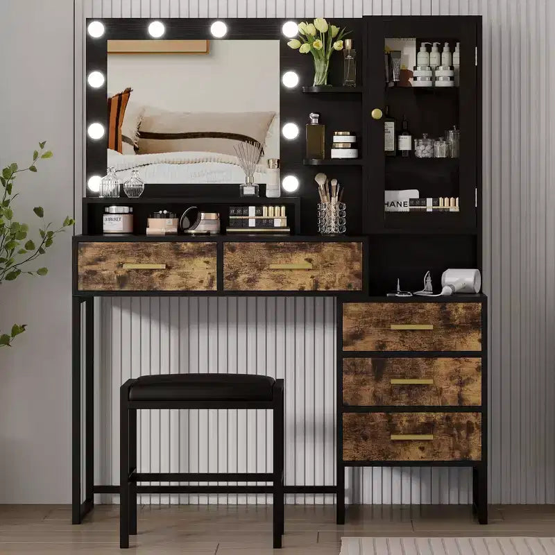 Grande coiffeuse et tabouret, coiffeuse avec miroir et lumières, table de maquillage avec station de charge, coiffeuse avec tiroirs et ampoules LED, noir