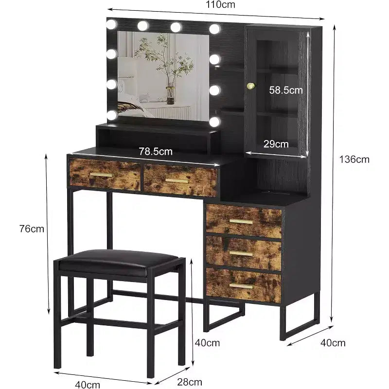 Grande coiffeuse et tabouret, coiffeuse avec miroir et lumières, table de maquillage avec station de charge, coiffeuse avec tiroirs et ampoules LED, noir
