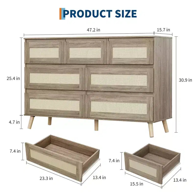 Commode en rotin pour chambre à coucher avec 7 tiroirs, chiffonnier de 120 cm de large