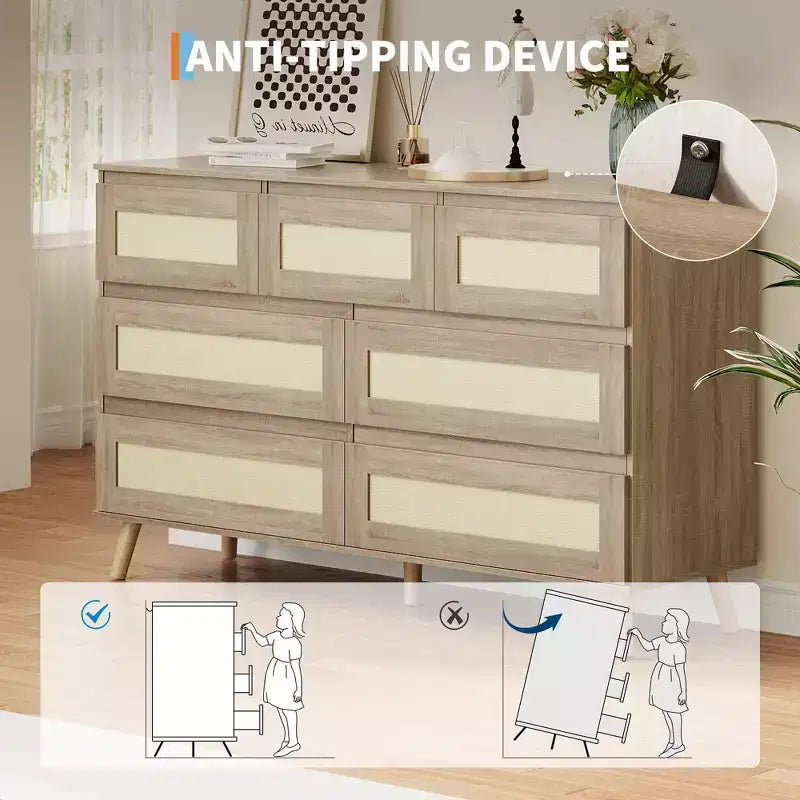 Commode en rotin pour chambre à coucher avec 7 tiroirs, chiffonnier de 120 cm de large