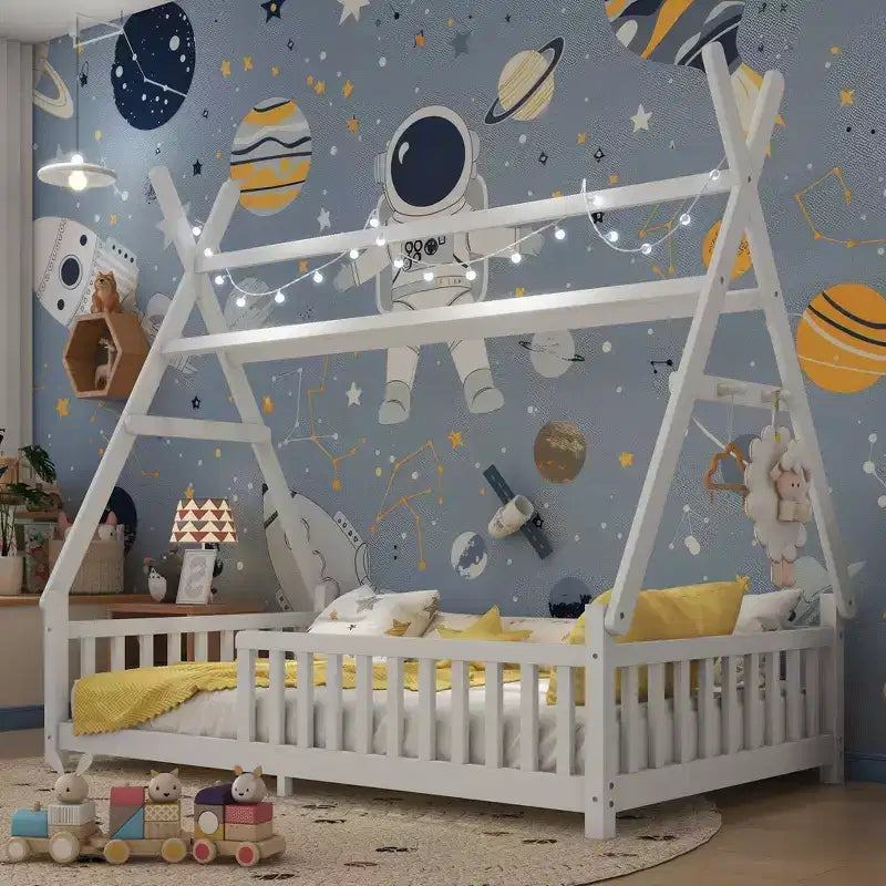Lit de sol pour tout-petit taille jumeau avec clôture et toit pour enfants, lit Montessori moderne en forme de maison avec lumière pour chambre à coucher