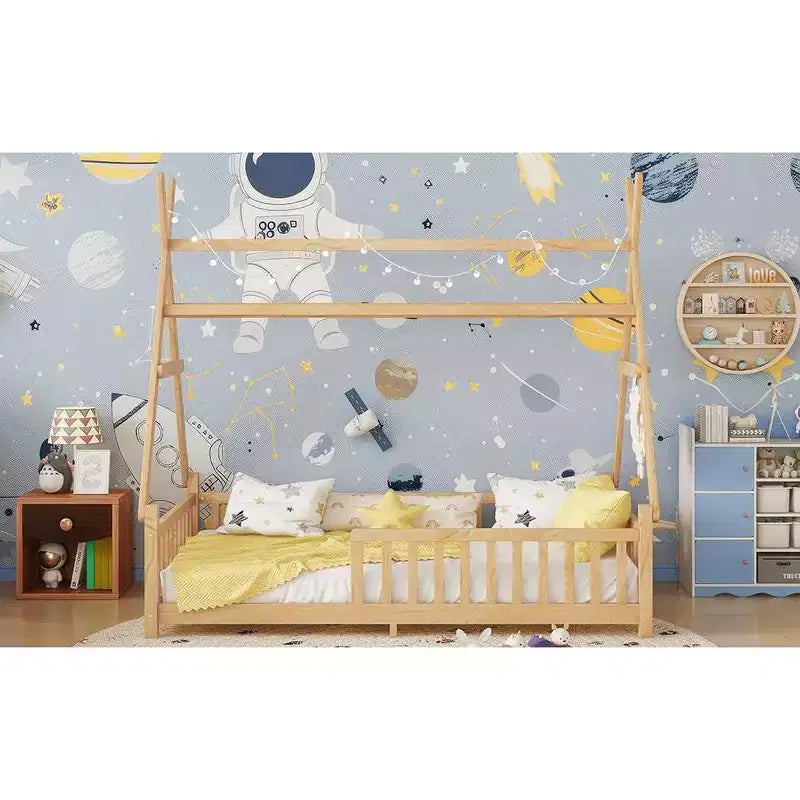 Lit de sol pour tout-petit taille jumeau avec clôture et toit pour enfants, lit Montessori moderne en forme de maison avec lumière pour chambre à coucher