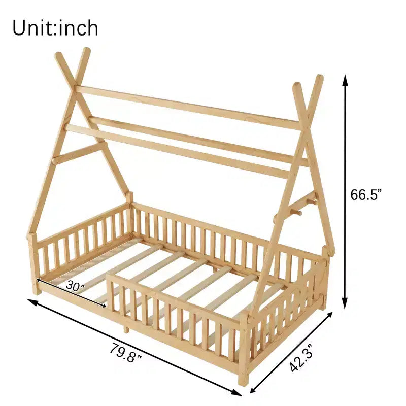 Lit de sol pour tout-petit taille jumeau avec clôture et toit pour enfants, lit Montessori moderne en forme de maison avec lumière pour chambre à coucher