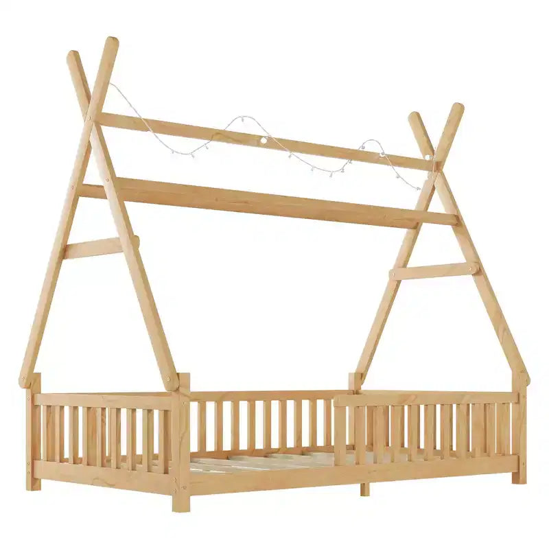 Lit de sol pour tout-petit taille jumeau avec clôture et toit pour enfants, lit Montessori moderne en forme de maison avec lumière pour chambre à coucher