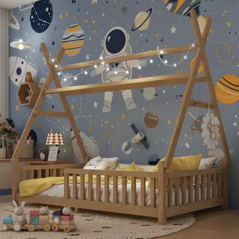 Lit de sol pour tout-petit taille jumeau avec clôture et toit pour enfants, lit Montessori moderne en forme de maison avec lumière pour chambre à coucher